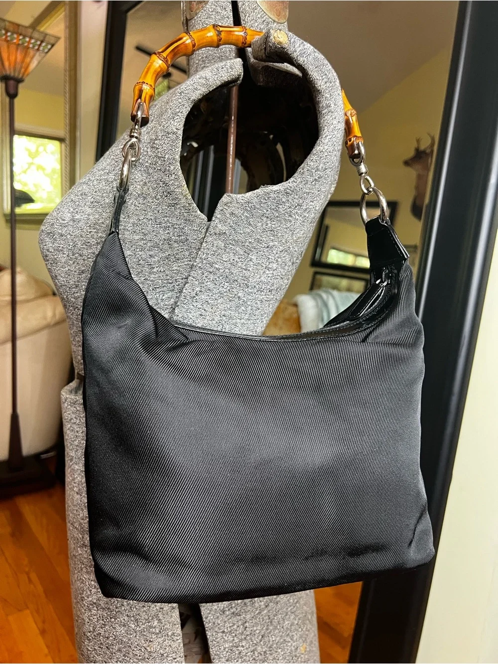 GUCCI  Nylon Hobo Style Bamboo Handle Shoulder Bag VINTAGE - Picture 4 of 15